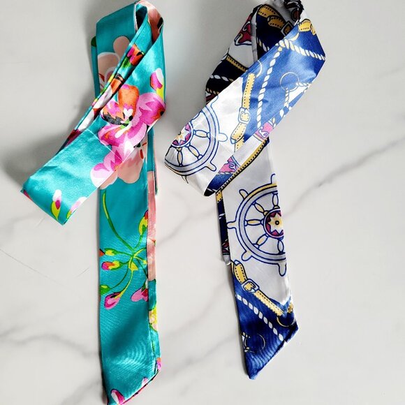 Set of 2 Twilly Scarves – Floral & Nautical Print for your Hair, Bags or Outfits - Picture 2 of 3